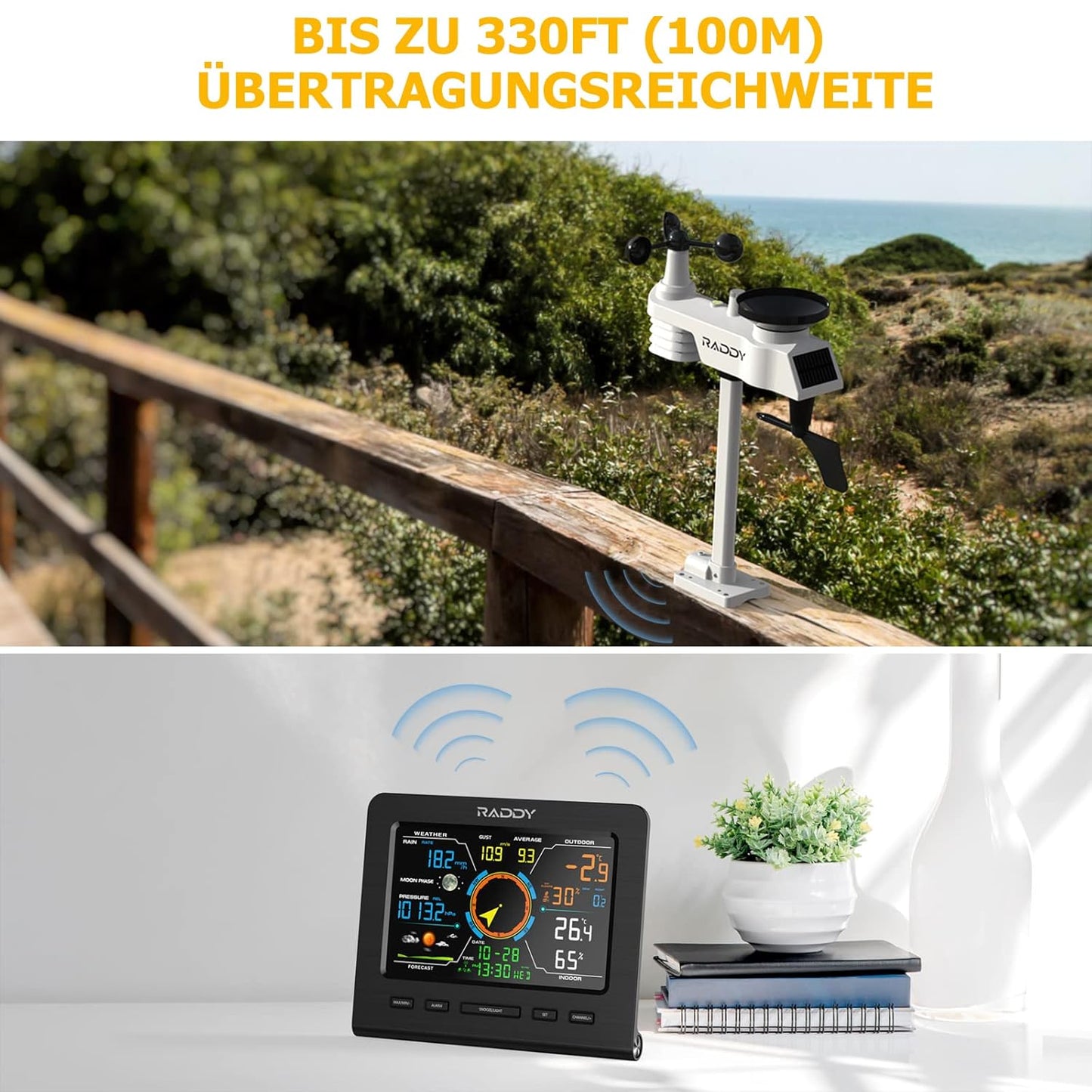 Raddy WF-100C Lite 13-IN-1 Draadloos weerstation voor binnen en buiten met temperatuur, luchtdruk, vochtigheid, anemometer, regenmeter, weersvoorspelling, voor huis, tuin