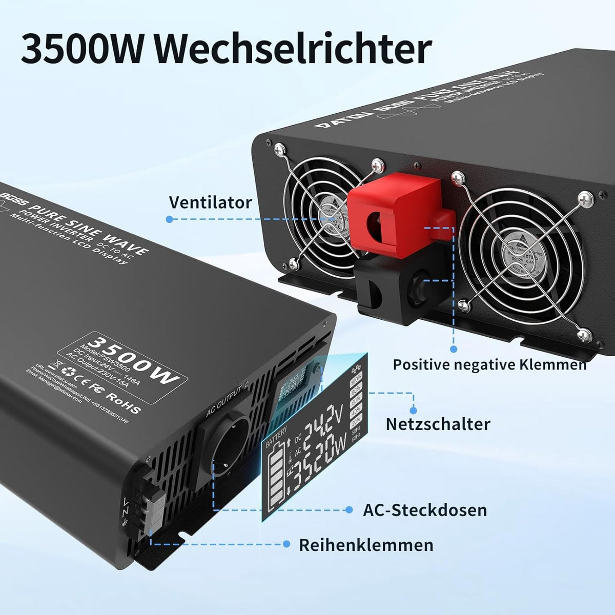 <font dir="auto" style="vertical-align: inherit;"><font dir="auto" style="vertical-align: inherit;">        DATOUBOSS Inverter, 24V to 230V, 3500W/7000W, pure sine wave, voltage converter, with remote control, EU socket, LCD display, digital display, inve