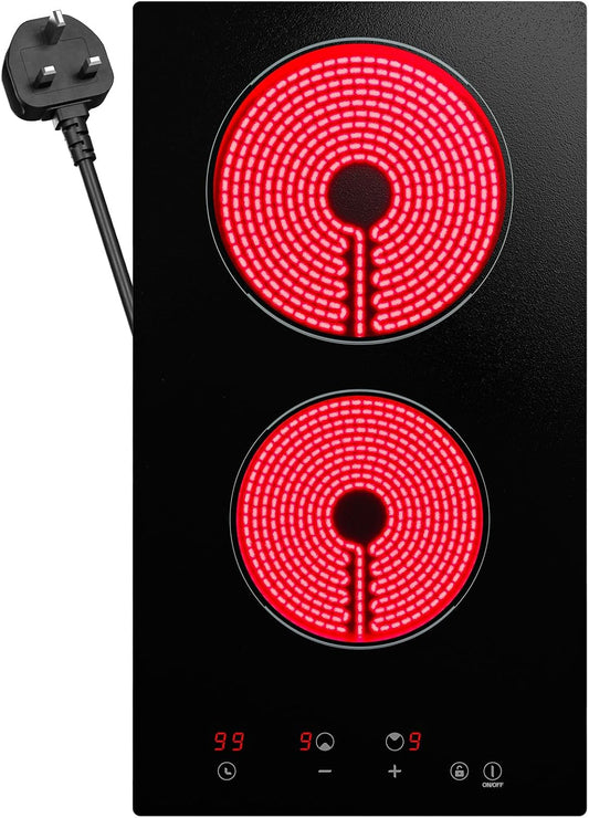 BCH292T Elektrische keramische kookplaat om in te steken, 30 cm, 2 kookzones, 2900 W, touch-bediening met 9 standen, timer van 99 minuten en kinderbeveiliging, inclusief 13 A-stekker (zwart)
