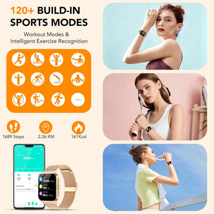 CASCHO Smartwatch voor dames, 1,85 inch smartwatch met bluetooth-oproepen/assistent, 120+ sportsmartwatch met stappenteller, slaap-/hartslagmeter, verguld en lichtroze
