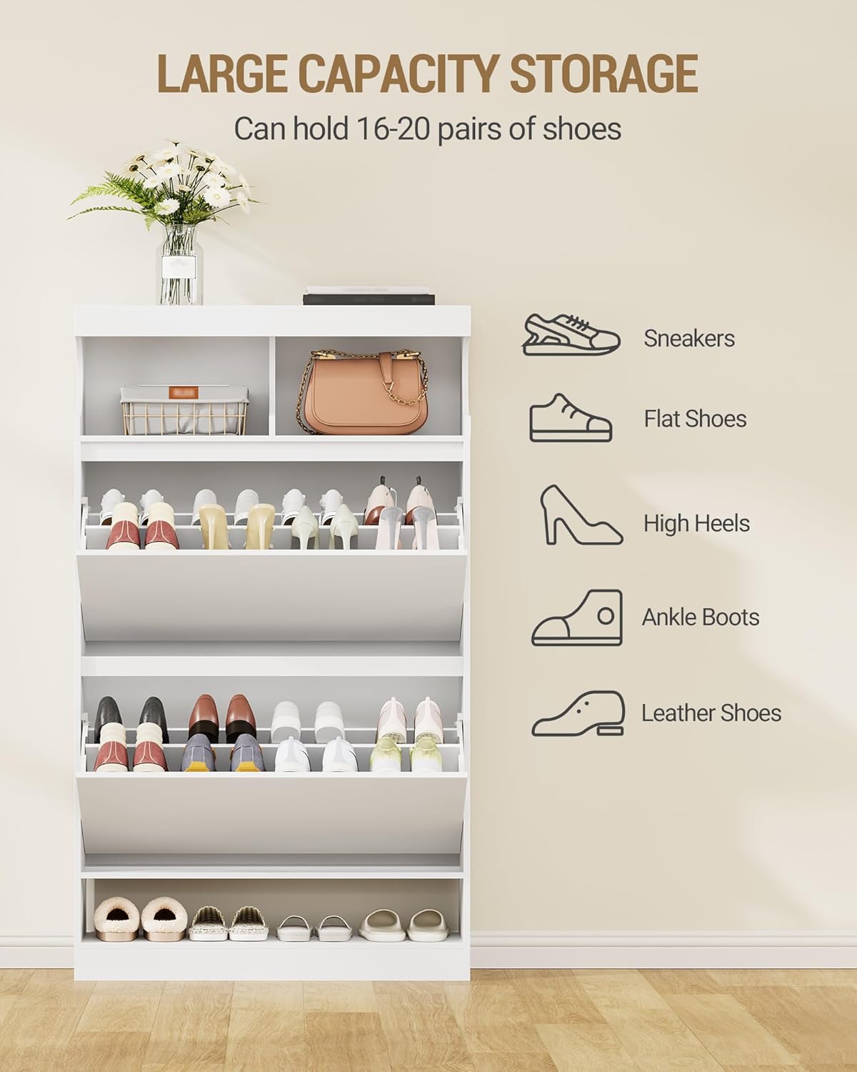 Hzuaneri Shoe Cabinet, Shoe Storage, Wooden Shoe Rack, Open Compartment, Divider Adjustable, 16-20 Pairs, Large Capacity for Hallway, Wardrobe, 2 Flaps (80B cm), White SR63203X