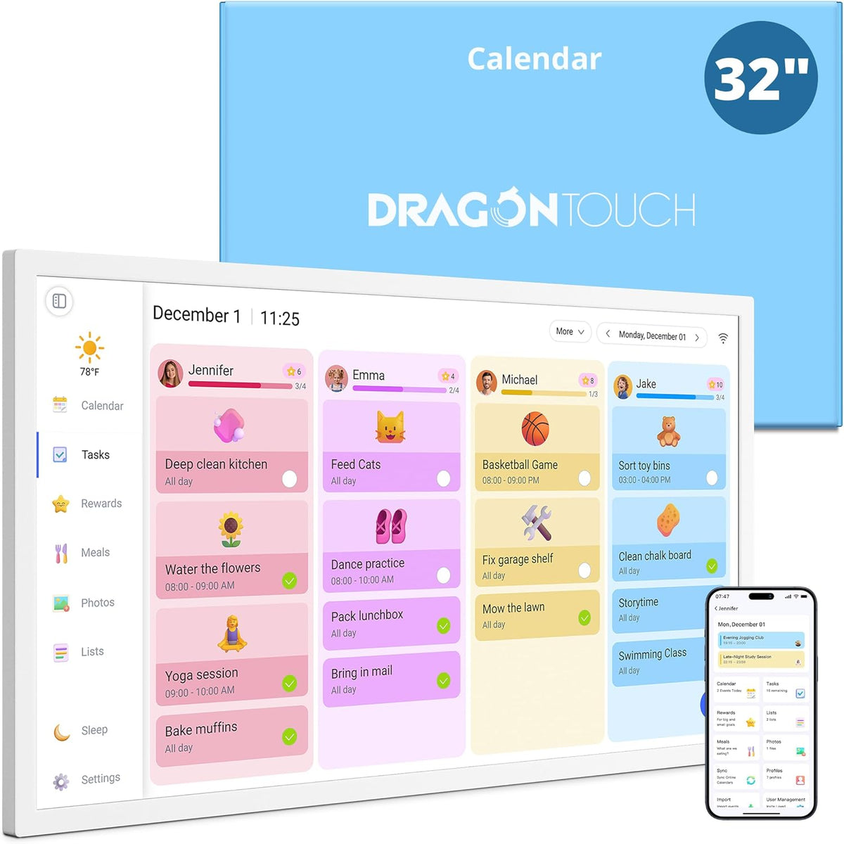 Dragon Touch Digitale kalender, 32 inch, 1920 x 1080 FHD, elektronische wandkalender, familieplanner met 32 GB geheugen en wandgemonteerde draaihouder, touchscreen, intelligente tafelkalender, wit