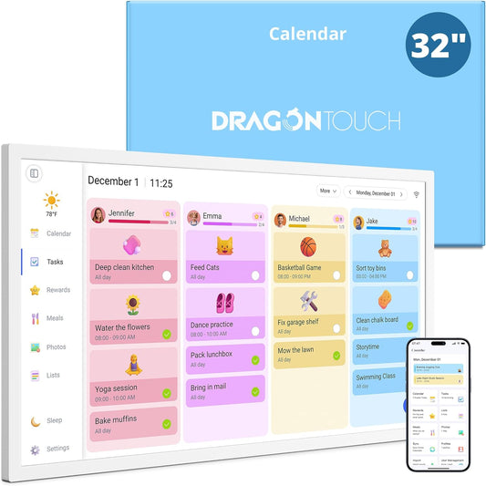 Dragon Touch Digitale kalender, 32 inch, 1920 x 1080 FHD, elektronische wandkalender, familieplanner met 32 GB geheugen en wandgemonteerde draaihouder, touchscreen, intelligente tafelkalender, wit
