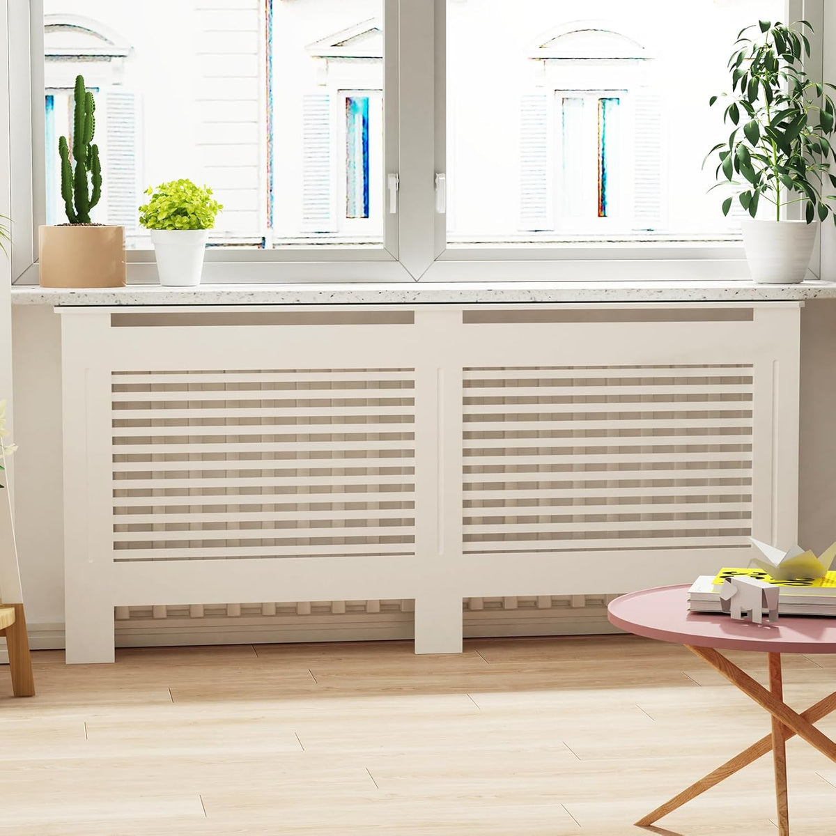 FATIVO Hoge Radiator Cover Houten Kast: Interne Hoogte 100cm Extra Grote Witte Horizontale Lat Heater Covers Moderne Hoge Radiator Plank Dikker MDF Houten Hal Thuis Kantoor Meubels Decoratief