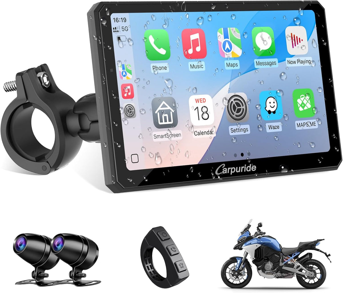 Motorfiets Carplay Scherm – Motor GPS Display – Motor Touchscreen – Draadloze Smartphone Integratie – Motor Dashcam Systeem – 7 Inch Waterdicht IPS Touchscreen – Dubbele 1080P HD Dashcams Voor en Achter