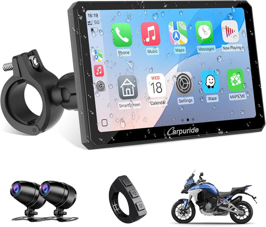 Motorfiets Carplay Scherm – Motor GPS Display – Motor Touchscreen – Draadloze Smartphone Integratie – Motor Dashcam Systeem – 7 Inch Waterdicht IPS Touchscreen – Dubbele 1080P HD Dashcams Voor en Achter