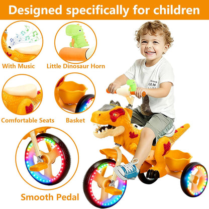 NMM Rolfiets, driewieler, driewieler vanaf 2 jaar, dinosaurusspeelgoed met muziek, lichten en claxon voor kinderen, fiets met wielen vanaf 2, 3, 4, 5, 6, 7, 8 jaar (fiets oranje licht)