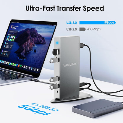 DisplayLink Docking Station Dual Monitor, WAVLINK 14-IN-1 USB-C/A Laptop Docking Station met 2 x 4K HDMI, 2x 4K DP, 1000 Mbps Ethernet, 6 x USB 3.0, audio en microfoon voor Mac/Windows