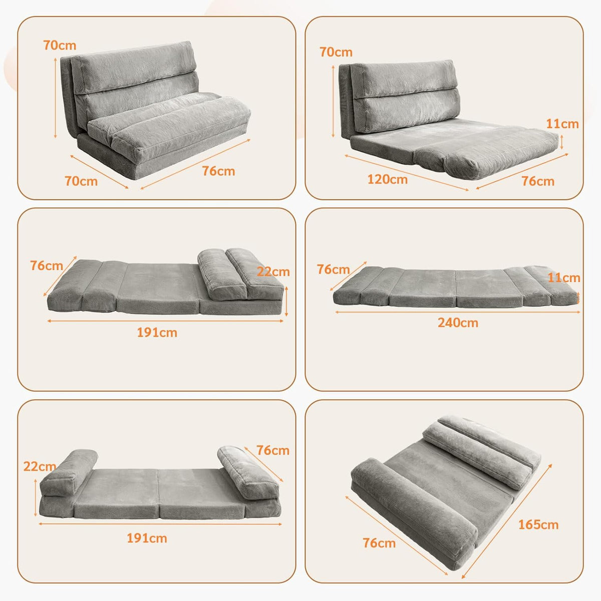 Maxyoyo Bean Bag Bed Foldable Sofa Floor Mattress for Adults, Extra Thick 6 Way Folding Sofa Sofa Bedroom Living Room Grey 75x240cm
