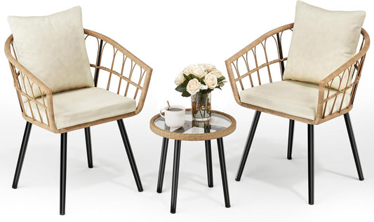 Pamapic 3-delige rotan bistroset, terrasbistroset met 2 stoelen en glazen salontafel, terrasmeubelset voor achtertuin, veranda en tuin