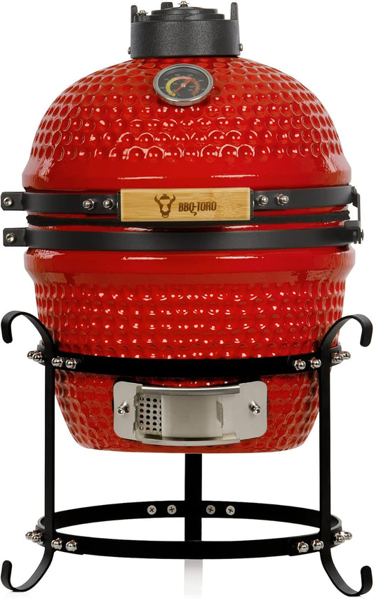 bbq-Toro Kamado Hairo Red Charcoal Barbecue 32 cm Diameter Mini Grill with Thermometer and Wooden Handles Round Ceramic Grill Ceramic Grill Smoker - QUORE