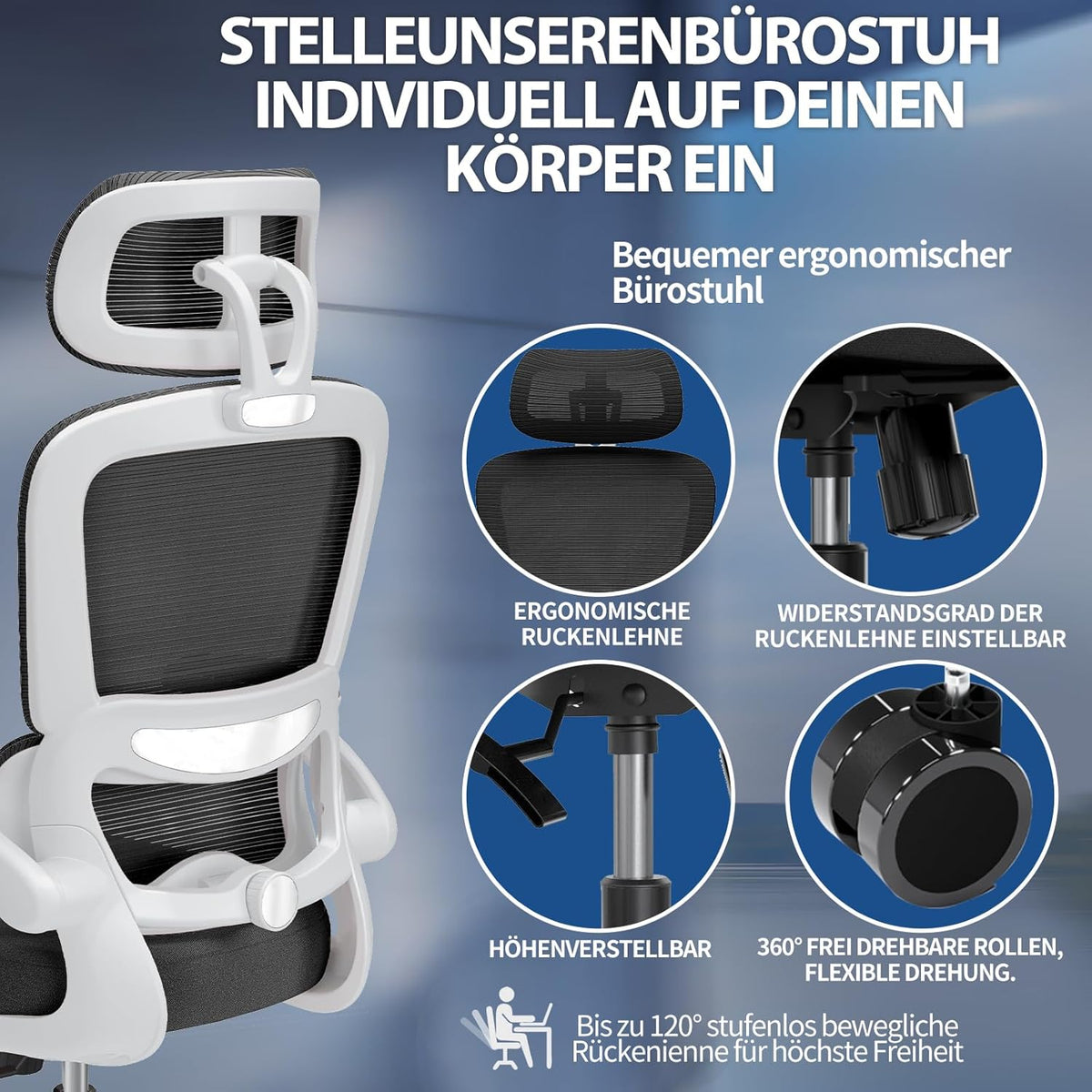 TRALT Bureaustoel Ergonomisch - Bureaustoel met Verstelbare Lendensteun Hoofdsteun Gaming Stoel - Office Chair - Bureaustoel Thuiskantoor Stoel Ergonomisch 150kg voor Grote Mensen Wit-Zwart