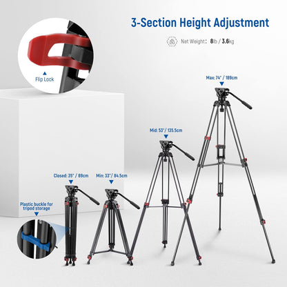 NEEWER 74 inch Pro videostatief met vloeistofkop, robuust aluminium statief met 360° draaibare en 160° kantelkop, QR-plaat compatibel met Manfrotto 501, diameter 75 mm schotelbasis voor DSLR-camera,
