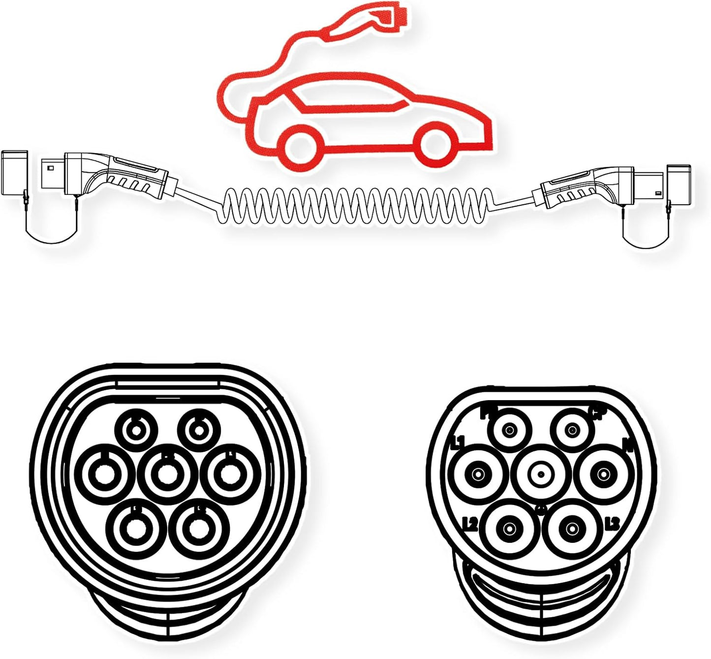 ROLINE E-car laadkabel type2, 1-fase, 250VAC (1P+N+E), 32 A, 7,4 kW, spiraalkabel, 3 m