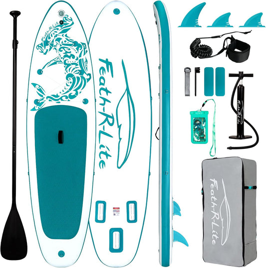FEATH-R-LITE Opblaasbaar stand-up paddleboard, surfplank, SUP, compleet paddleboard, accessoires, verstelbare peddel, pomp, ISUP reisrugzak, paddleboard voor volwassenen (Groen en wit)