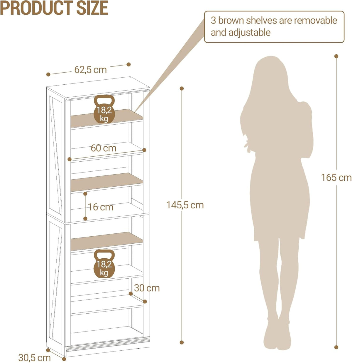 Hzuaneri Shoe Cabinet, Freestanding Shoe Chest with 21-24 Pairs, Adjustable Shelves, Shoe Rack for Entrance, Living Room, Bedroom, 62.5 x 30.5 x 145.5 cm, White SR52803X