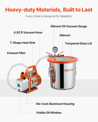 Vacuümpompset – Vacuümpomp – Ontgassingsset – Vacuümkamer – Vacuümreiniger – 11,36 L Roestvrijstalen Kamer – 110 L/min Zuigkracht
