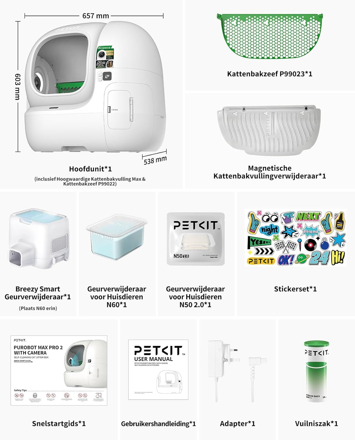 PETKIT PUROBOT MAX PRO 2 Zelfreinigende Kattenbak, Grotere Ingang, AI Camera, Automatisch Kattenbak, 2.4G en 5G Wifi, App-Control, Gezondheidstracering, Geurverwijdering, 76L, Voor Meerdere Katten