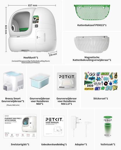 PETKIT PUROBOT MAX PRO 2 Zelfreinigende Kattenbak, Grotere Ingang, AI Camera, Automatisch Kattenbak, 2.4G en 5G Wifi, App-Control, Gezondheidstracering, Geurverwijdering, 76L, Voor Meerdere Katten