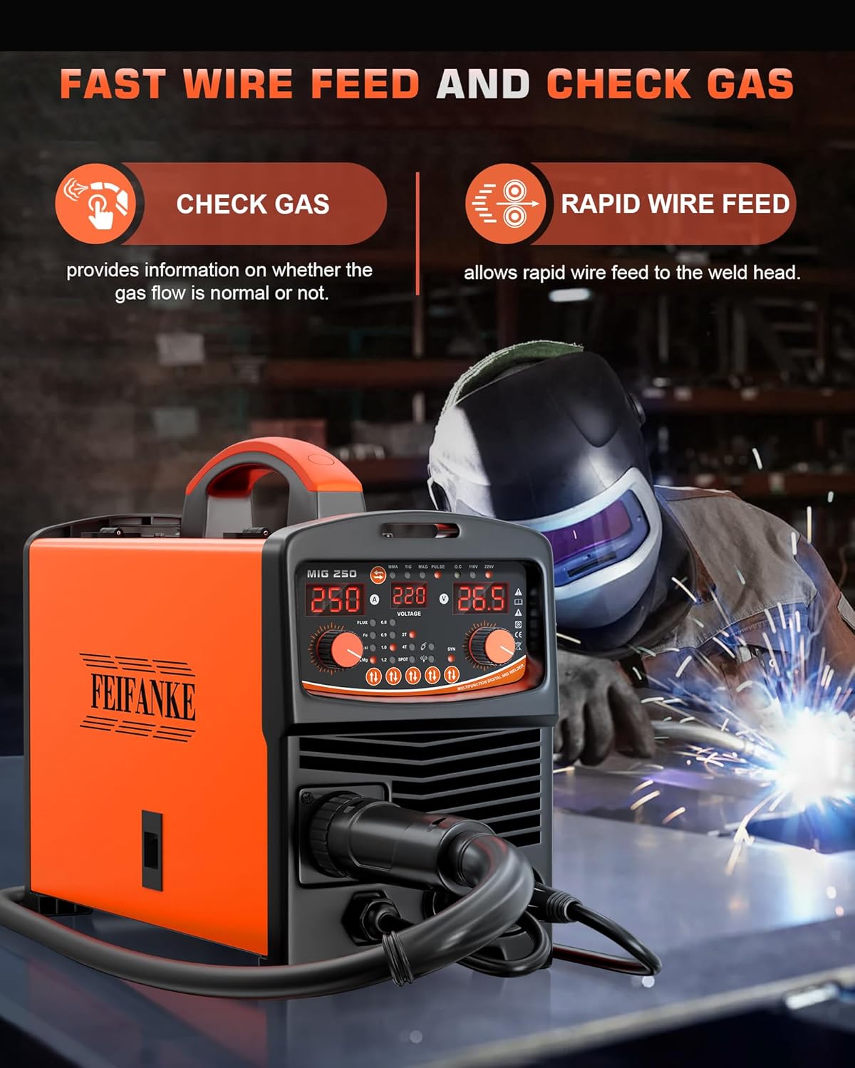 Soldering station filled wire, 250A, 230V, 6-in-1, without gas, MIG/MMA/lift TIG/lWelding point/single pulse IGBT inverter welding machine Mig without gas with fast wire feed gas control - QUORE
