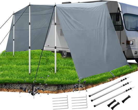 Voortent Caravan Met Rail 4 x 2,4 m (4-7 mm), Zonnezeil, Drie Zijden Tarp Met Stangen, Stormband voor Voortent, Campingaccessoires