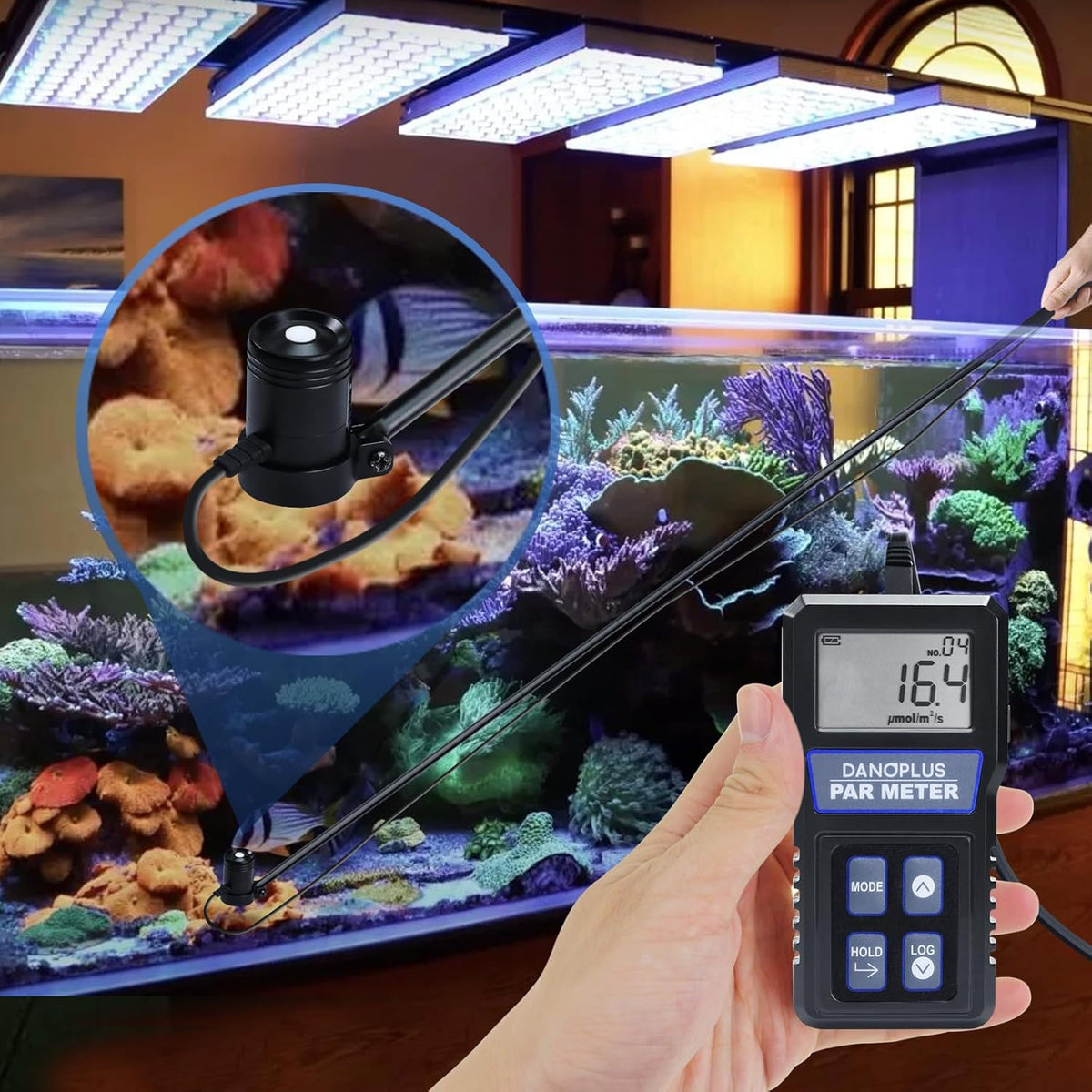 Quantum PAR Meter, Waterdichte PAR Meter voor Rif Tank Aquarium Planten IP68 Quantum Sensor Full-Spectrum PPFD Meter Data Logger, 79“ Kabel en 37” Stevige Telescopische Pool inbegrepen