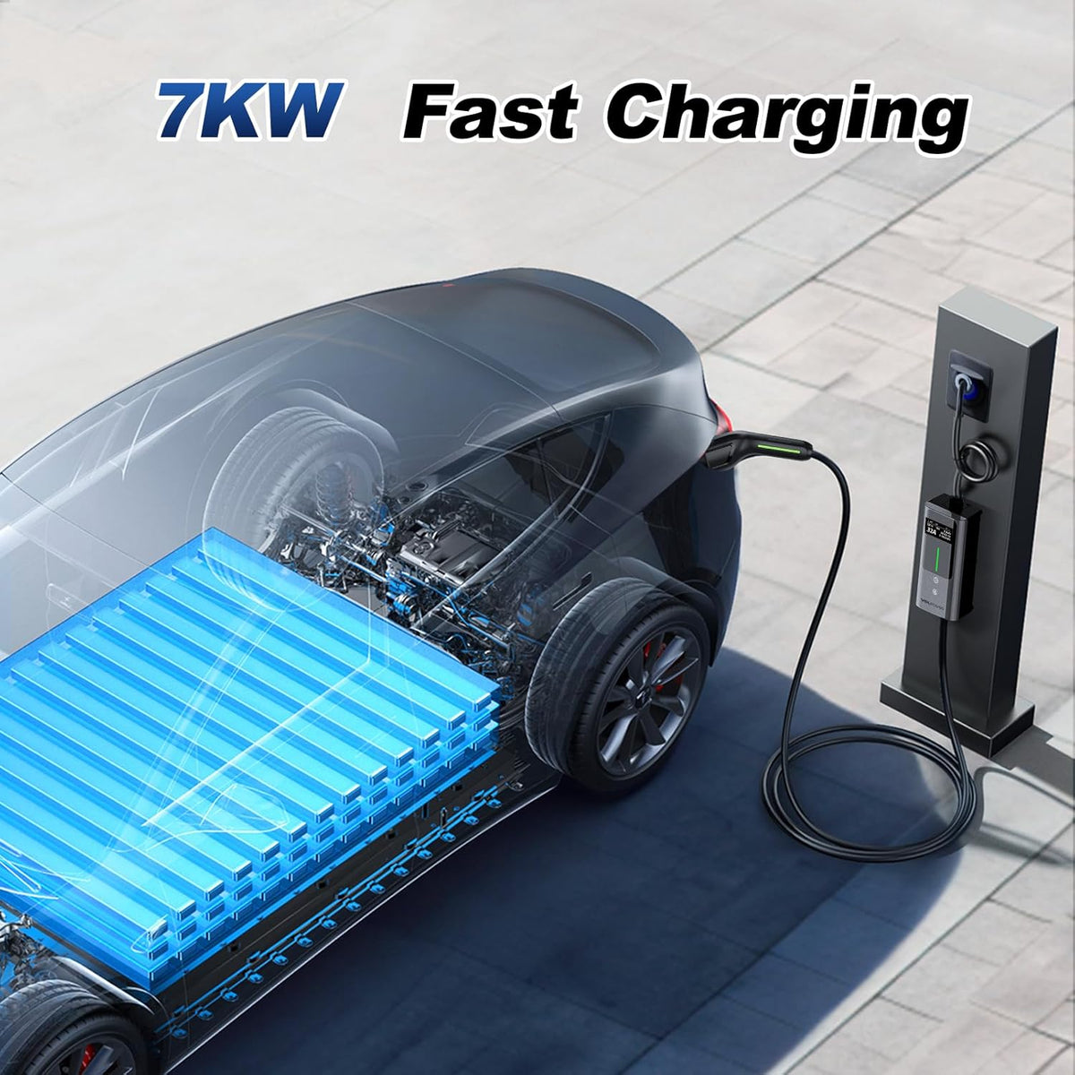 Type 2 oplaadkabel CEE, 7 kW / 5 m oplaadkabel elektrische auto, 6A-32A draagbare EV oplader, type 2 Wallbox laadstation voor elektrische voertuigen met eenfasige, IP65