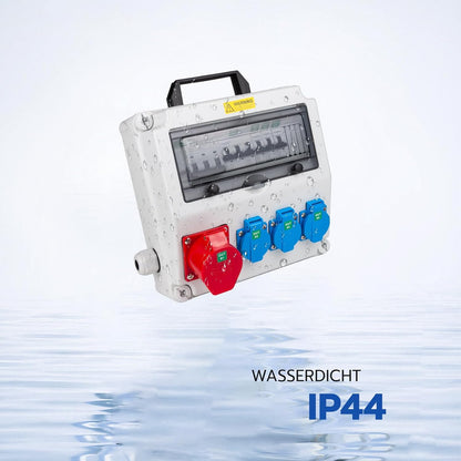 Bouwstroomverdeler met wifi-schakelaar type A, 40 A, 30 mA RCBO wandverdeler met CEE-stopcontact, 16 A, waterdicht, met handgreep voor verdeelkast (3 x 16 A 1P LS+1 x 16 A, 3P LS+ FI/LS met