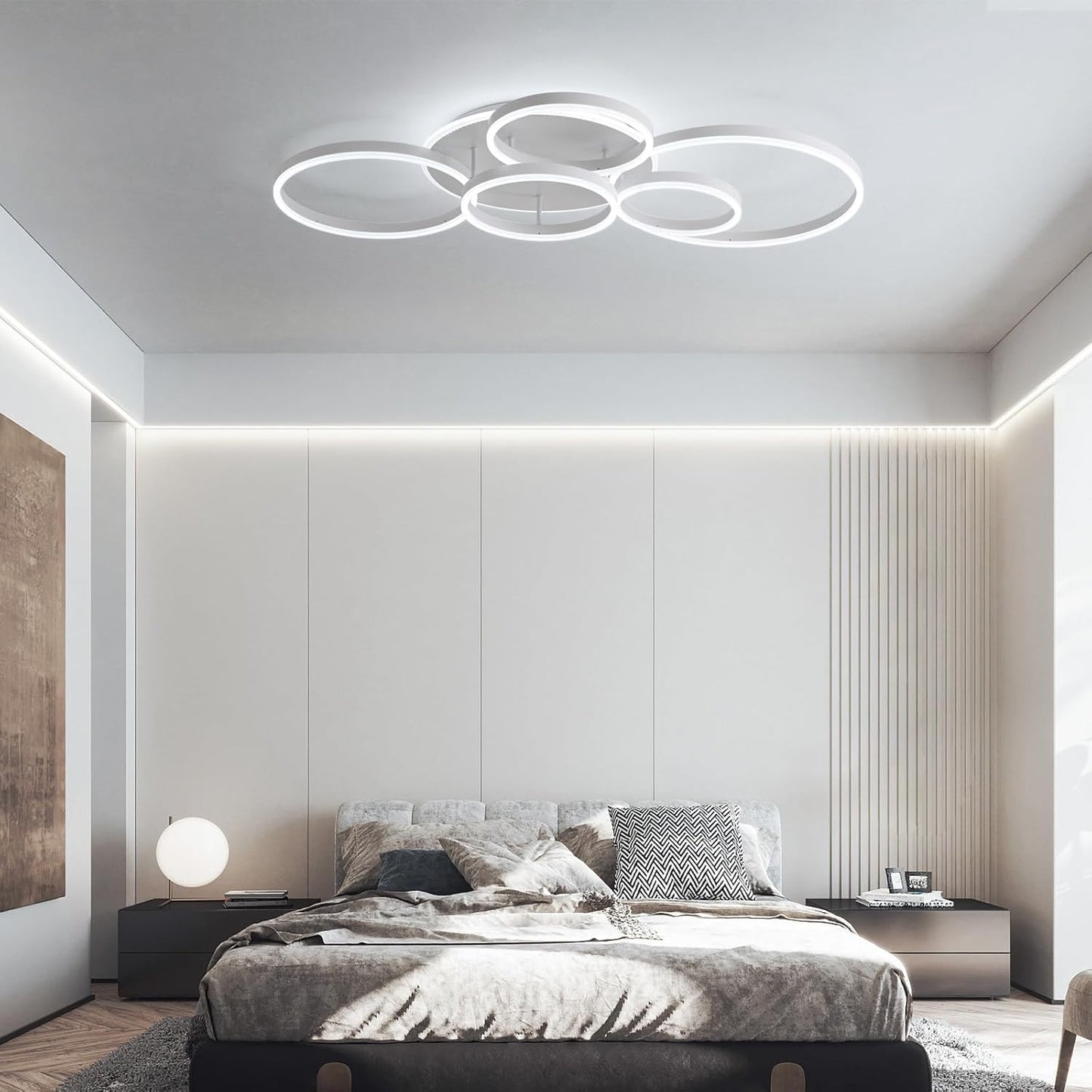 Dimbare LED Plafondlamp, 116 cm Flush Mount 108W 6400 lm Plafondverlichting met Afstandsbediening, 6 Ringen Plafondverlichting voor Woonkamer Slaapkamer Eetkamer, 3000-6000K, Wit