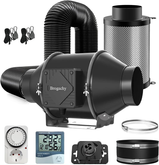 Afzuigset 100mm Buisventilator 365m³/u met snelheidsregelaar, Thermo-Hygrometer, Actieve koolstoffilter Afzuigventilatorset Koolstoffilter, 3000 PRM Kweekventilatorset, Ventilatiesysteem voor