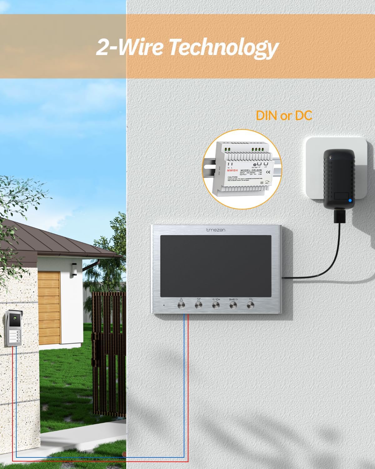 TMEZON Intercom met 2 draden, met 4 TFT-monitoren, 7 inch (17,8 cm) en buitenbel met camera, nachtzicht, twee-weg audio, T30 voor 4 gezinnen/woningen
