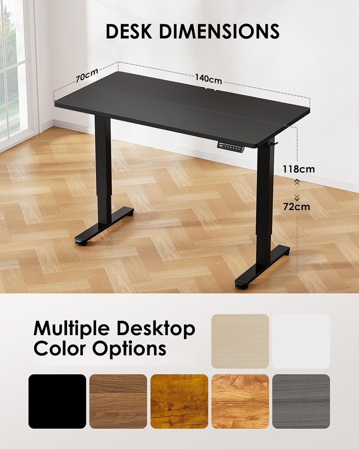 ErGear Elektrisch Zit-Sta Bureau Hoogte Verstelbaar 140 x 70 cm, Zit-Sta Bureau met 4 Geheugen Smart Paneel voor Kantoor thuis met Verdeelplaat
