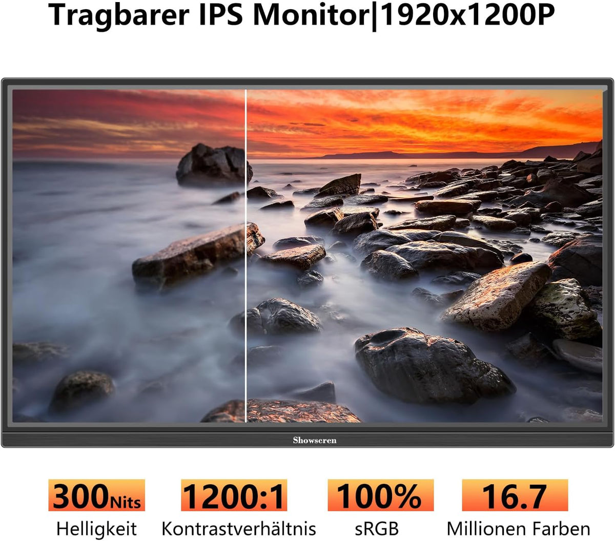 16 Inch Portable Monitor, Full HD Display, 1920 x 1200p, 300cd/Brightness, IPS 60Hz LCD Panel, 100% RGB, Built-in Speaker, Portable HDMI USB C Monitor for PC, Laptop - QUORE