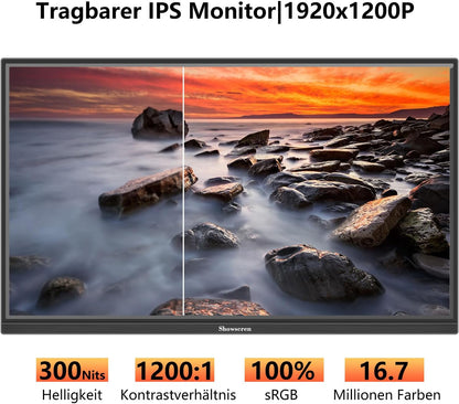 16 Inch Portable Monitor, Full HD Display, 1920 x 1200p, 300cd/Brightness, IPS 60Hz LCD Panel, 100% RGB, Built-in Speaker, Portable HDMI USB C Monitor for PC, Laptop - QUORE