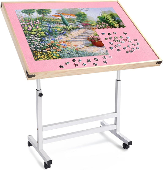 Jigsaw Puzzeltafel, puzzelplank 1500 delen, puzzelplank met kleurrijke laden en afdekmat, bordspel, puzzeltafel met vilten werkblad voor volwassenen (roze, geen laden)
