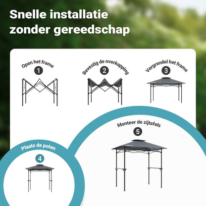Wiltec BBQ-paviljoen barbeque grillpaviljoen rookafvoer met 2 platen, 2,45 x 1,52 m grijs
