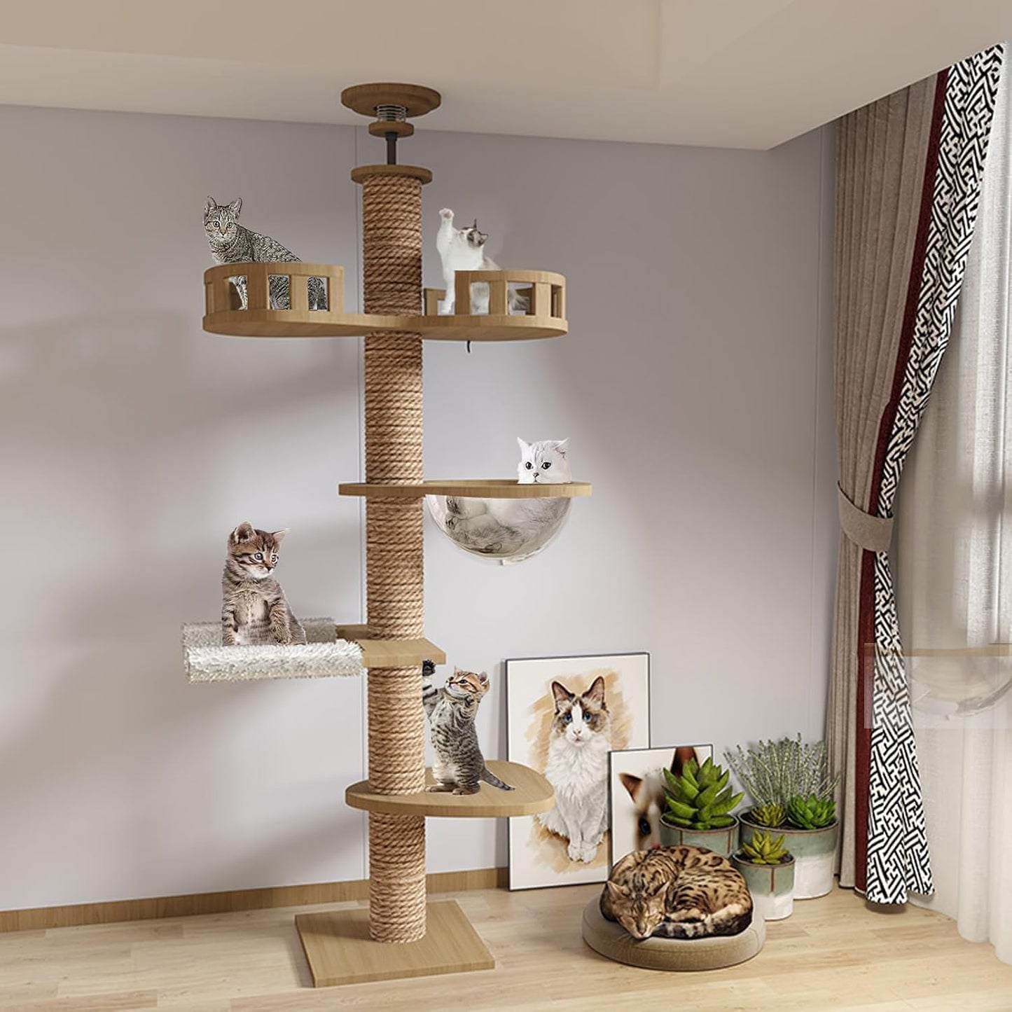 Krabpaal met plafondspanner, kamercapsule, kattenhangmat, volledig omwikkeld met sisaltouw, breedte 11 cm, krabpaal tot plafond (240 ~ 250 cm, 265-275 cm)