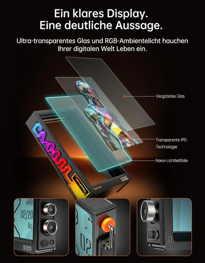Divoom Times Frame Transparante digitale fotolijst (10,1 inch) met wifi en 64 GB, IPS-display met zwevend effect en RGB-draaiknop, 400+ wijzerplaten, widgets en pixel-art community (zwart)