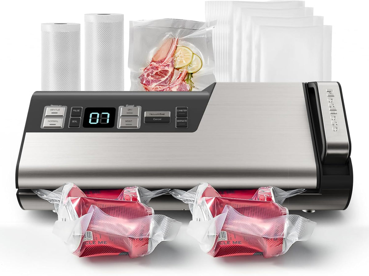 Mesliese Vacuüm Sealer Machine, 95kPa 140W Eenhand Operatie Voedsel Sealer, Dubbele Seal Strip met ingebouwde Cutter & Countdown Display, 2 Bag Rolls, 5 STKS Voorgesneden zakken, PULSE & Marineren