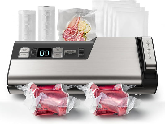 Mesliese Vacuüm Sealer Machine, 95kPa 140W Eenhand Operatie Voedsel Sealer, Dubbele Seal Strip met ingebouwde Cutter & Countdown Display, 2 Bag Rolls, 5 STKS Voorgesneden zakken, PULSE & Marineren