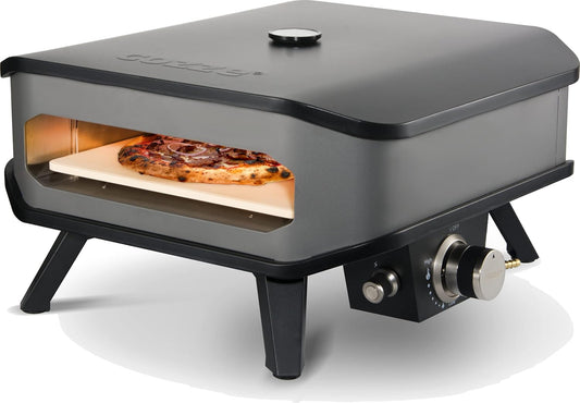 Cozze® 90349 13" Gas Pizza oven met thermometer mobiele pizzasteen gasgrill tot 400 graden regelbaar met 34 x 34 cm pizzasteen draagbaar terras balkon zwart