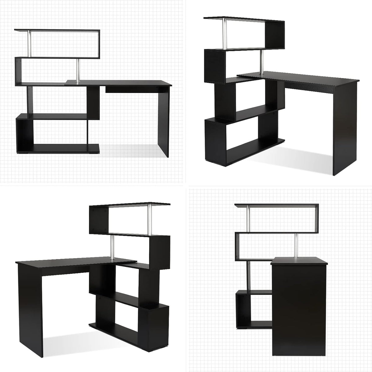 Meerveil Computertafel, L-vormig, hoekbureau, met 360 graden draaibare boekenkast voor werkkamer, woonkamer, kantoor, 157 x 45 x 130,5 cm, zwart