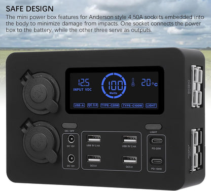 12V Power Box voor Boten Caravans en Auto’s met LCD Display USB C QC3 0 en 4 Anderson Uitgangen Multifunctionele Stroomverdeler voor Onderweg