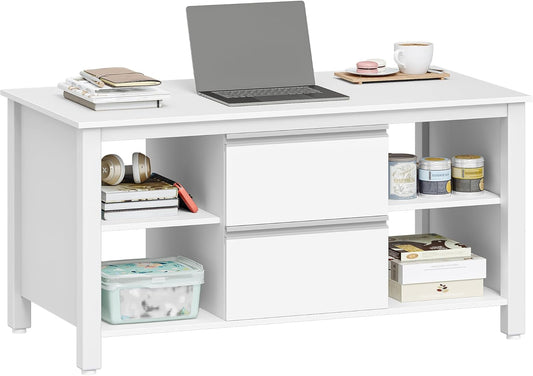 Hzuaneri coffee table, coffee table with 2 drawers and 4 open compartments, coffee tables with sofa, steel table legs, for living room, 50 x 100 x 50 cm white-silver CT22003W