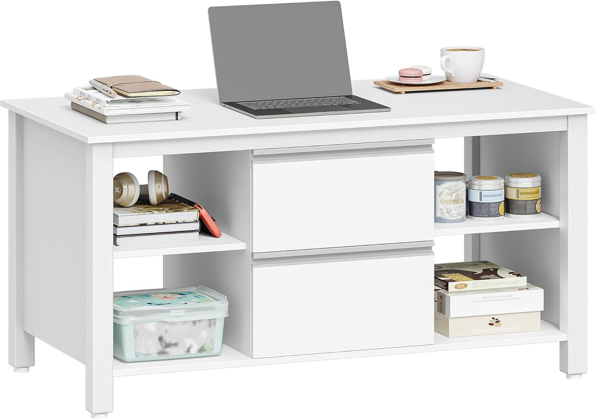 Hzuaneri coffee table, coffee table with 2 drawers and 4 open compartments, coffee tables with sofa, steel table legs, for living room, 50 x 100 x 50 cm white-silver CT22003W