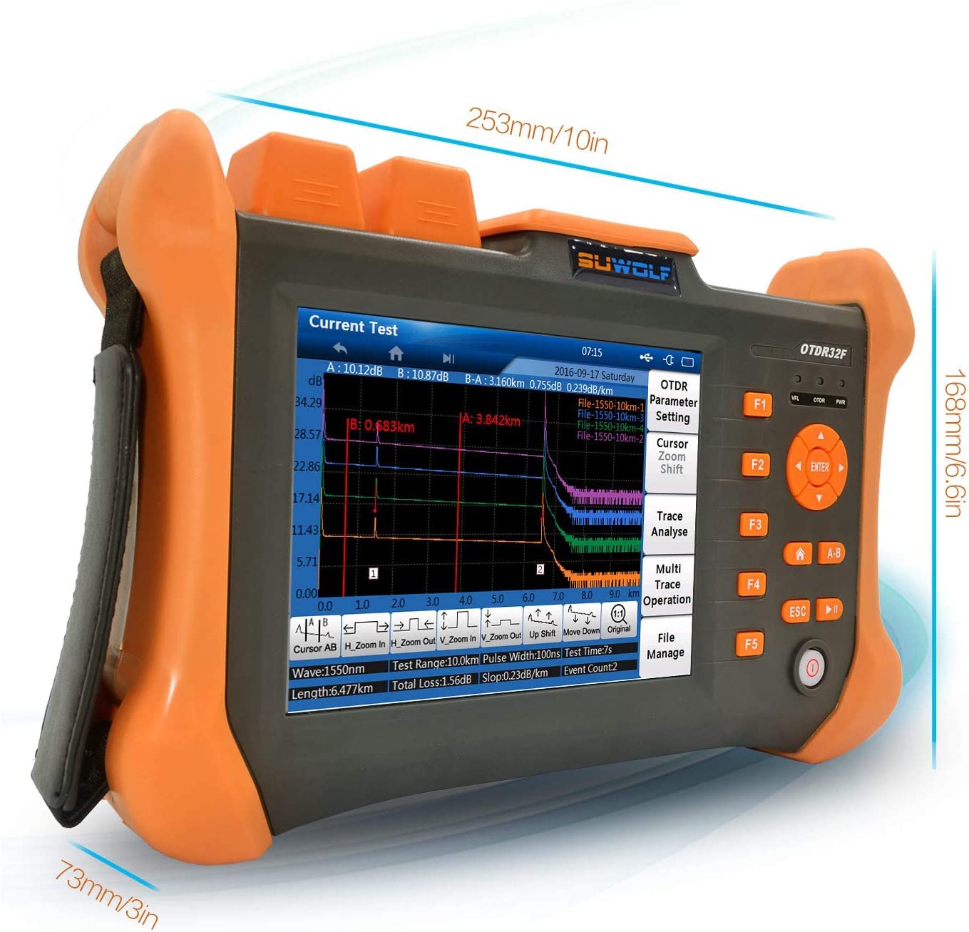 1310/1550nm 32/30dB OTDR 5,6 inch touchscreen reflectometer glasvezel 120 km (74,5 mi) testafstand glasvezel tester met visuele fout locator (VFL) (OTDR32F-T1-B)