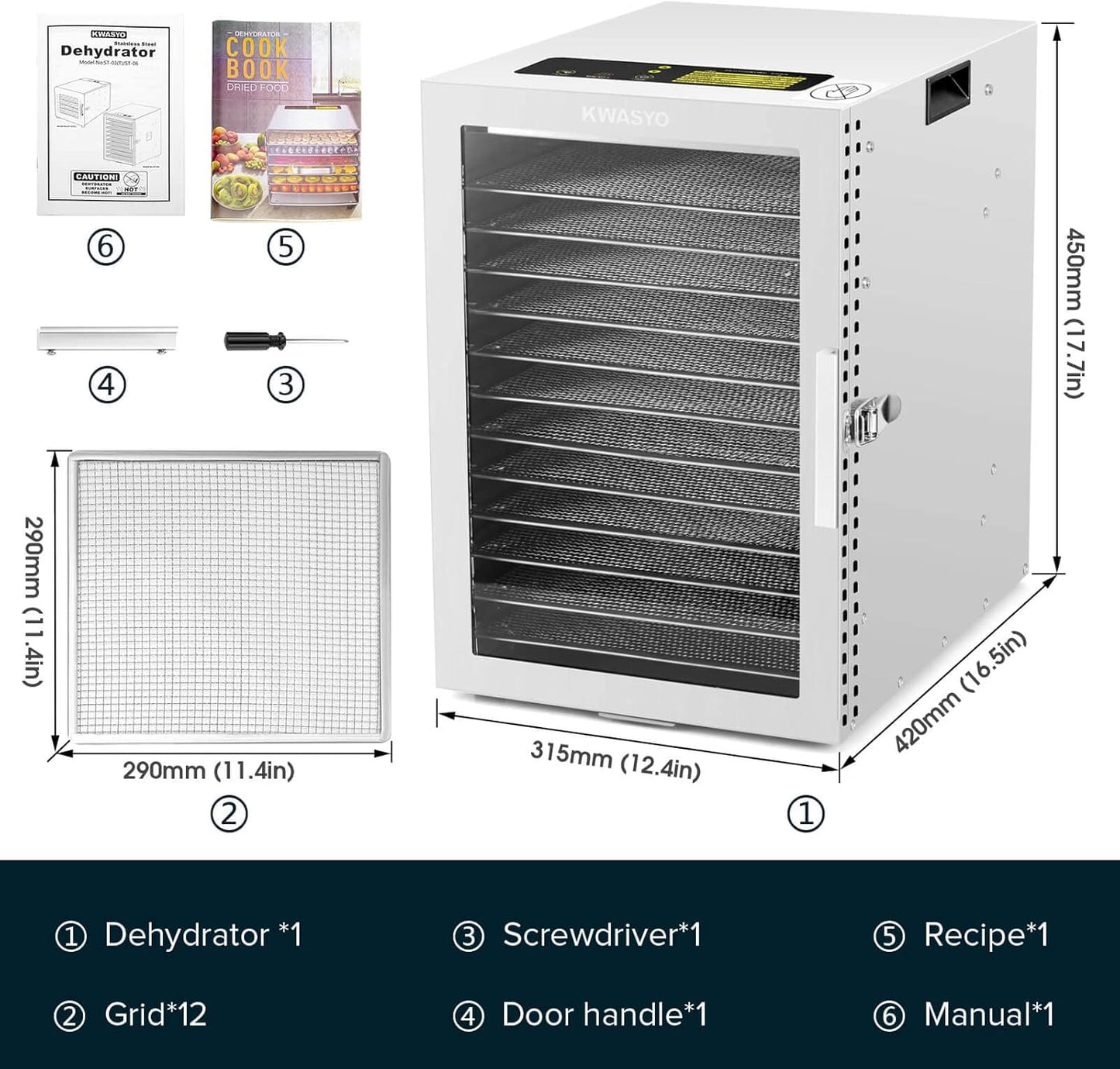 Kwasyo Voedseldroger van roestvrij staal, dubbele ventilator voor efficiënt drogen bij 360 graden, 12 vakken, 24 uur timer, instelbare temperatuur 20-90 °C