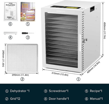Kwasyo Voedseldroger van roestvrij staal, dubbele ventilator voor efficiënt drogen bij 360 graden, 12 vakken, 24 uur timer, instelbare temperatuur 20-90 °C