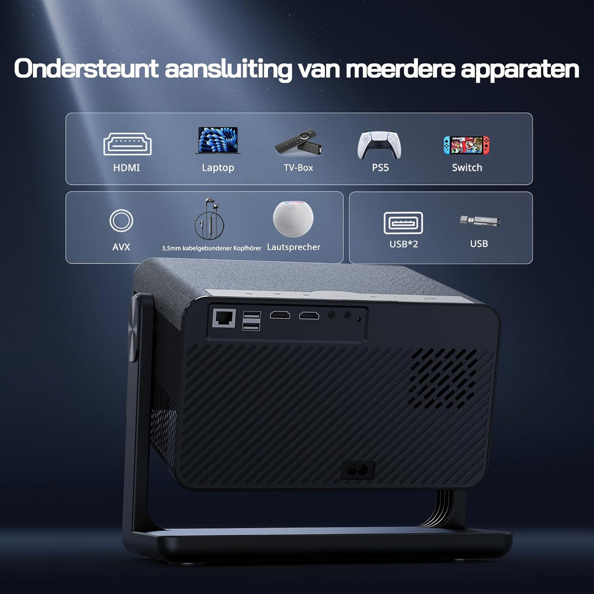 WOLFANG 4K Smart Beamer【Netflix Official & Autofocus/Keystone】28000 Lumen, WiFi 6 Draagbare Beamer met 5.2G Bluetooth, Home Theater Projector met 180° Verstelbare standaard voor 300" Schermen