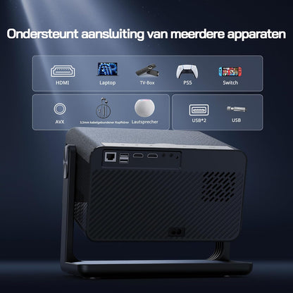 WOLFANG 4K Smart Beamer【Netflix Official & Autofocus/Keystone】28000 Lumen, WiFi 6 Draagbare Beamer met 5.2G Bluetooth, Home Theater Projector met 180° Verstelbare standaard voor 300" Schermen